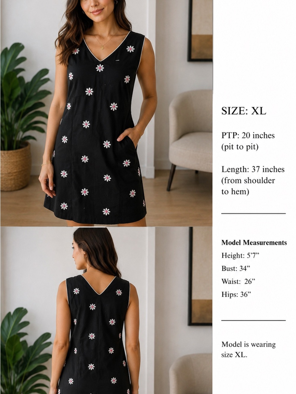 Black Floral Embroidered V-Neck Mini Dress